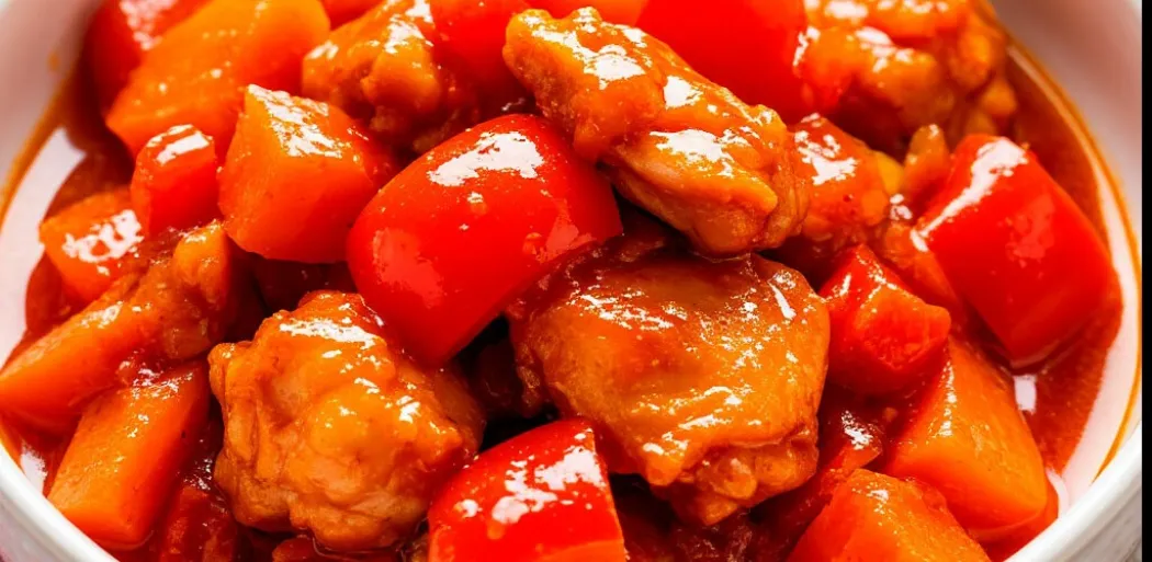 Курица, тушенная в кисло-сладком соусе с болгарским перцем и морковью 
